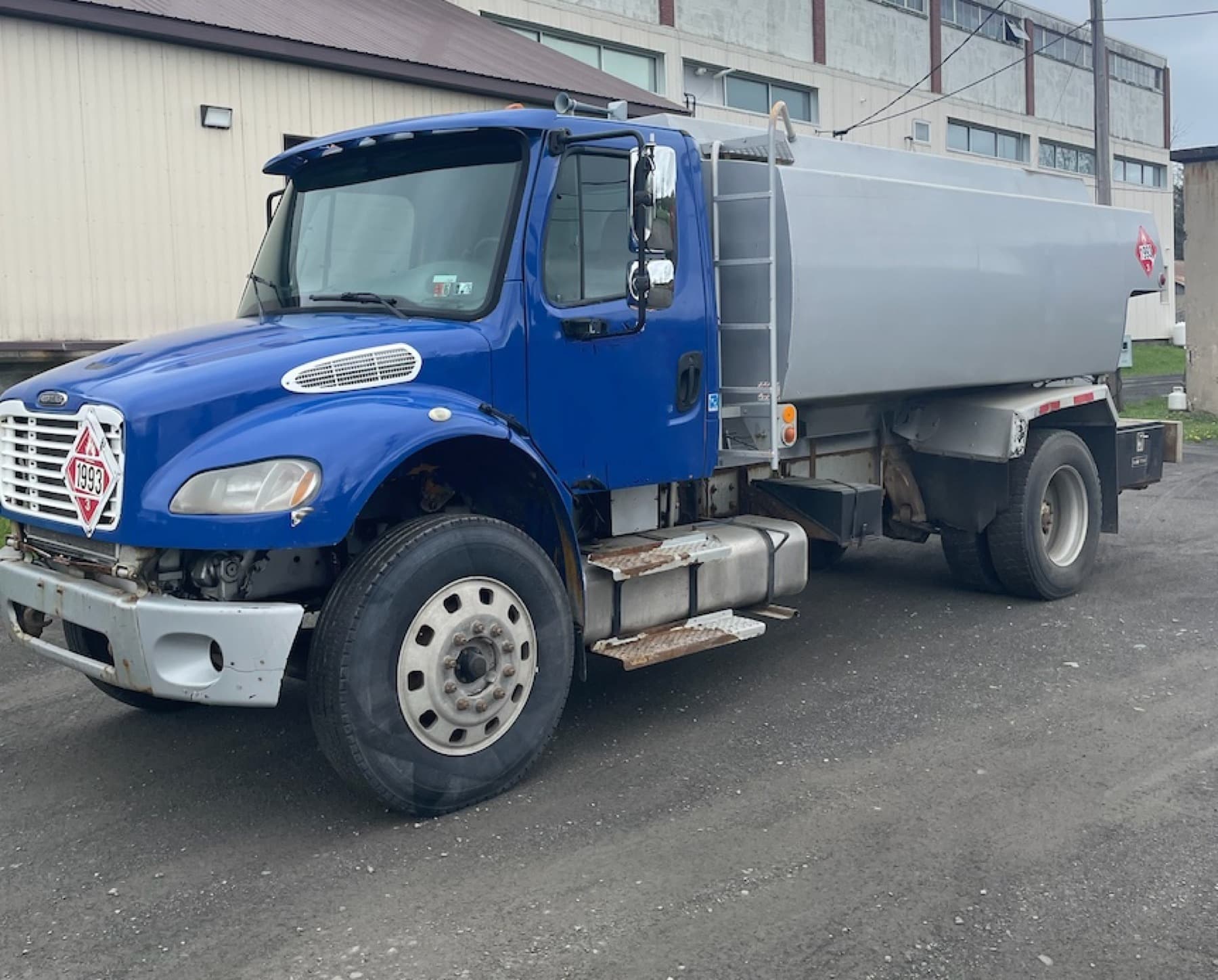 A Freightliner M2 fuel truck with an aluminum tank on the Post Leasing lot